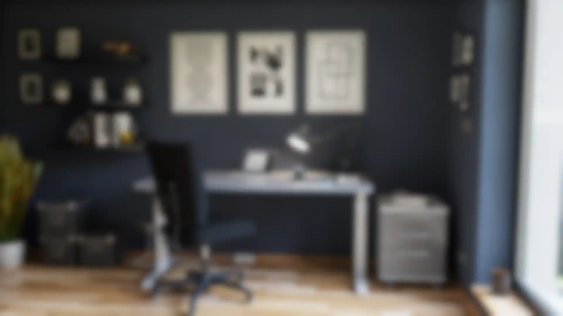 Modern 3D architectural home office interior with desk, shelves and wall art