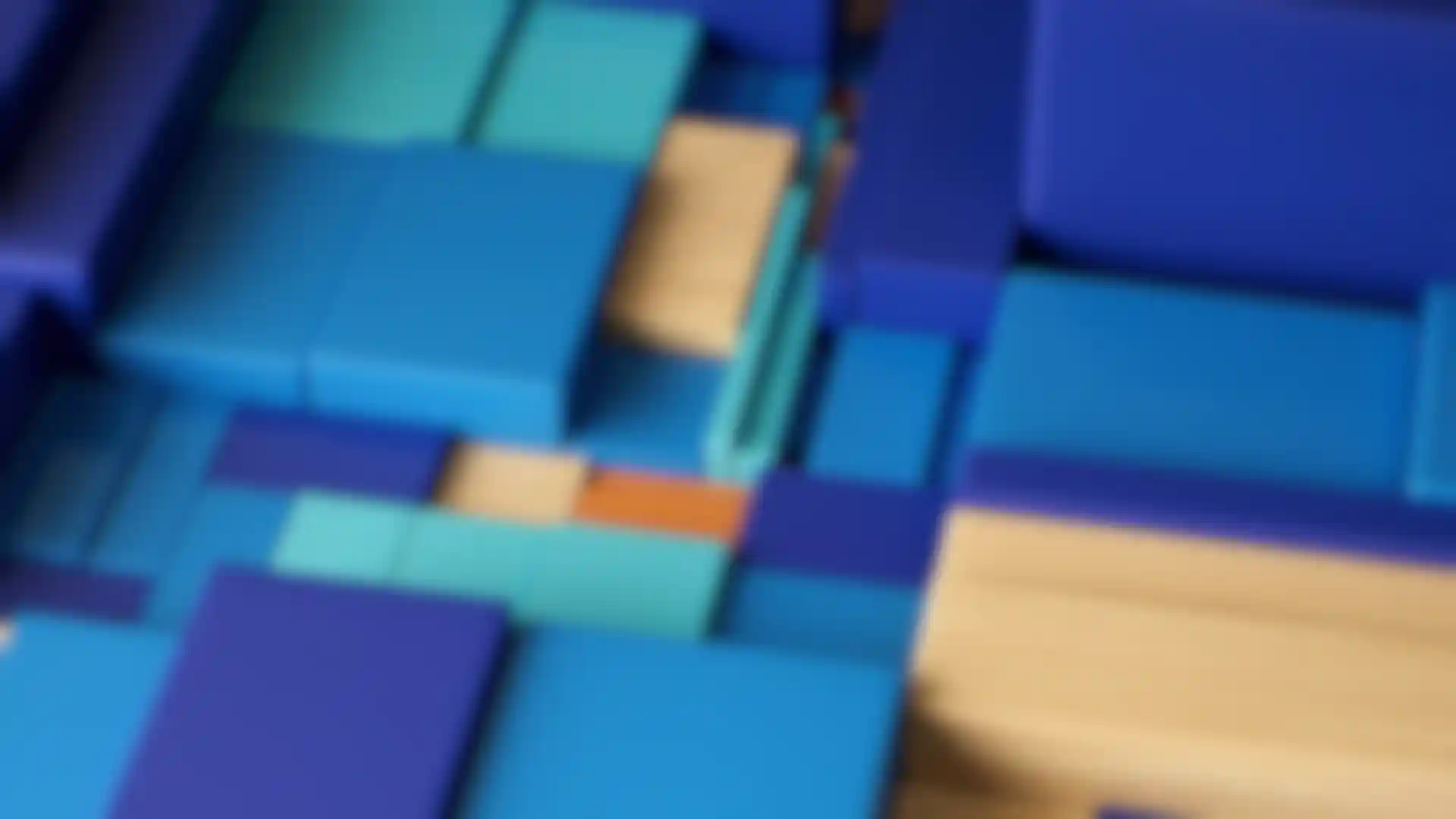 3D abstract geometric blocks in blue, teal, wood texture, modern digital art render