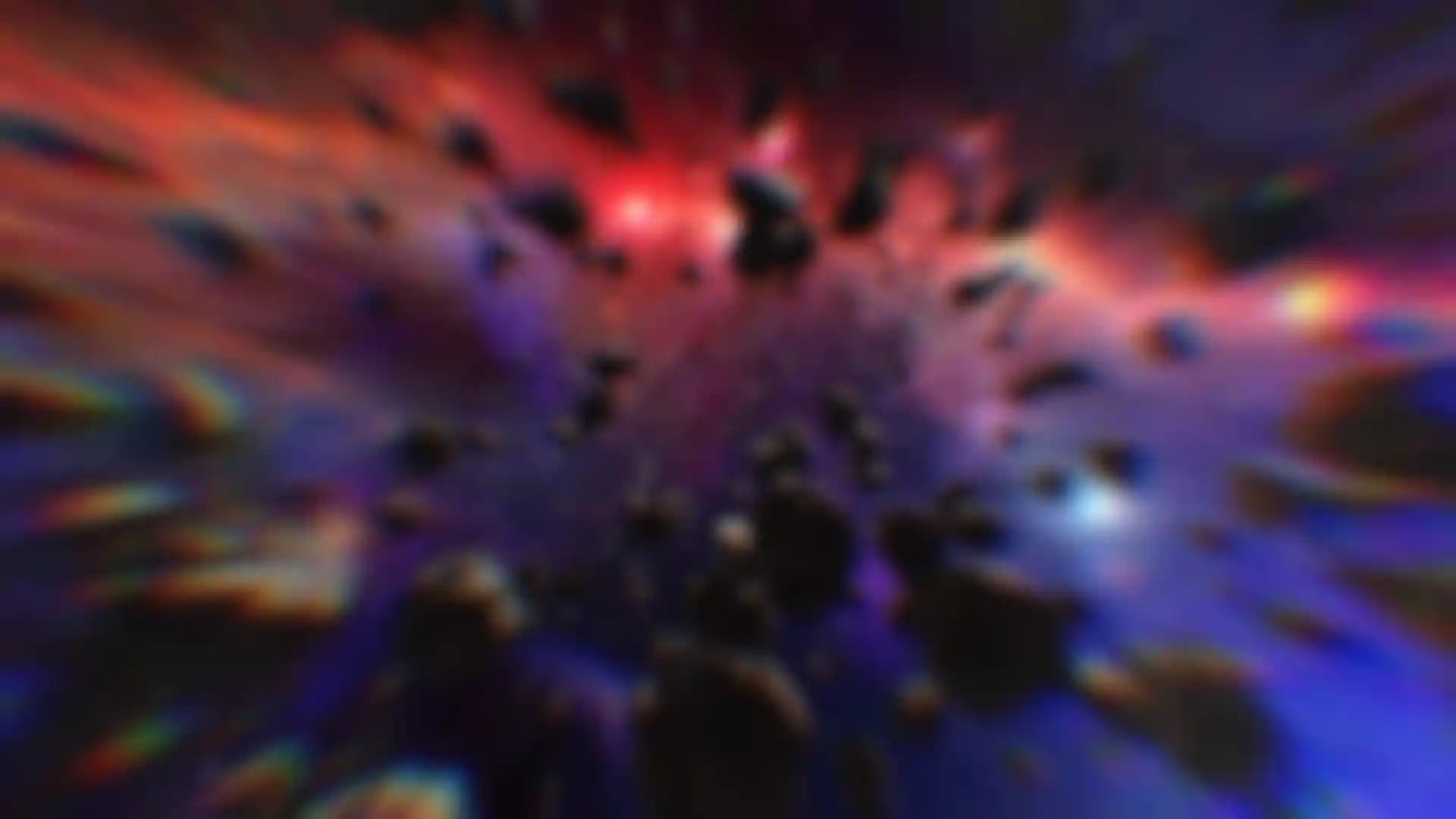 3D asteroid field in space with colorful light effects and cosmic motion blur