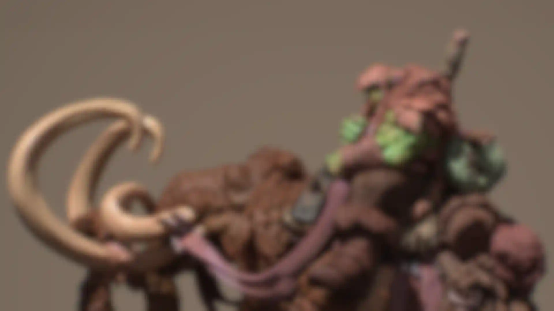 3D fantasy sculpting of orc rider on mammoth with detailed textures and organic design
